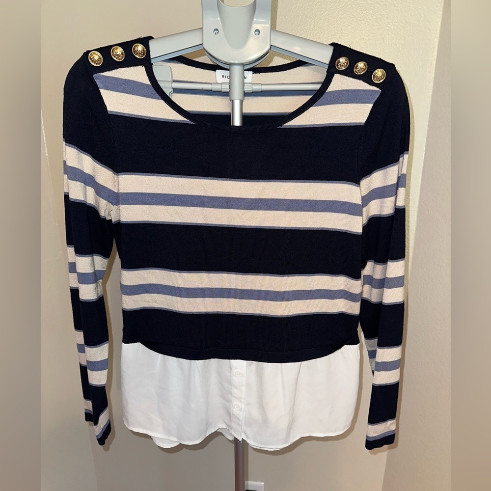 Rio & Rian Striped Blue and Cream Blouse with Peplum Waist